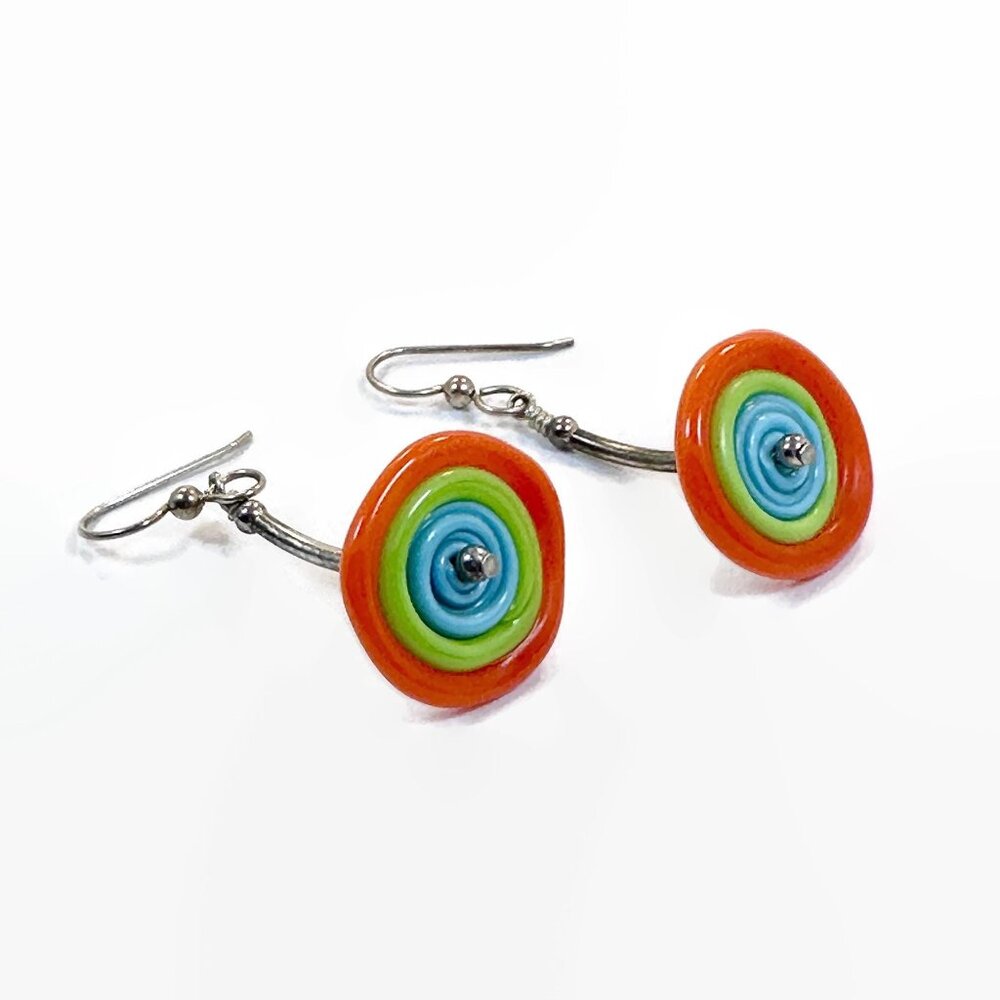 Art Glass Earrings, Lamp Work, Saucer Beads, Boho, Silver, Dangle, Pierced - Picture 1 of 3